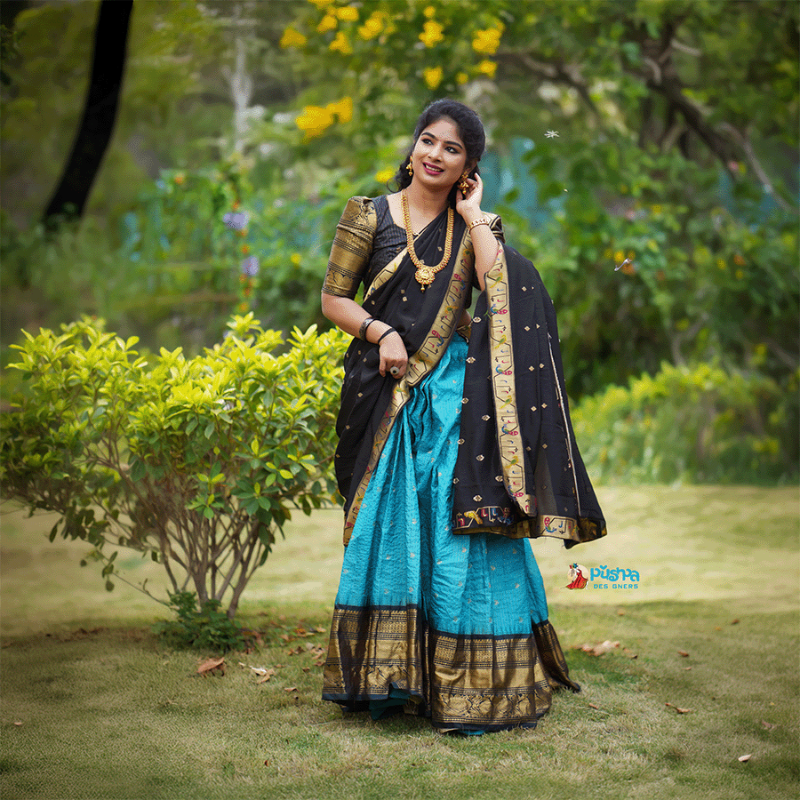 Black and Light Blue Half Saree - Image 2