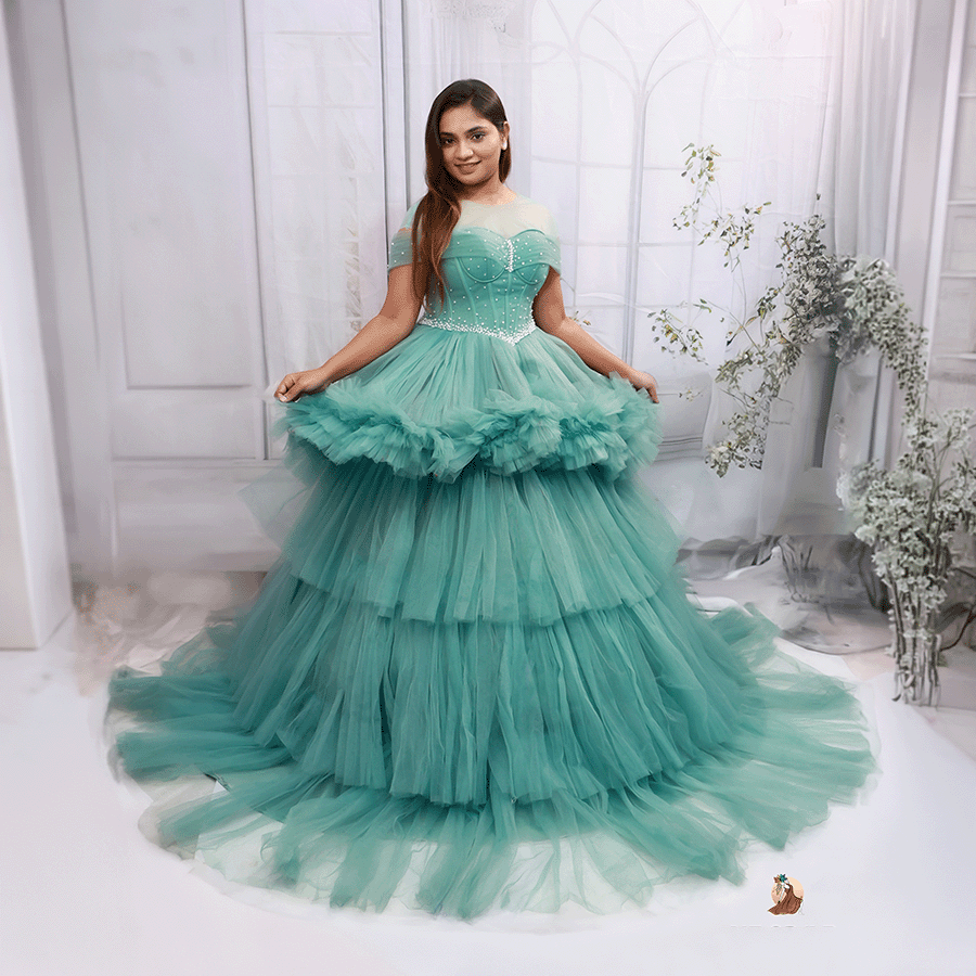 C- Green Netted Long Frock - Image 2