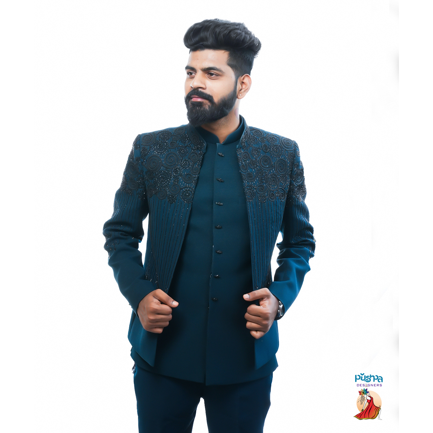 Peacock blue designer Jodhpur suit - Image 2