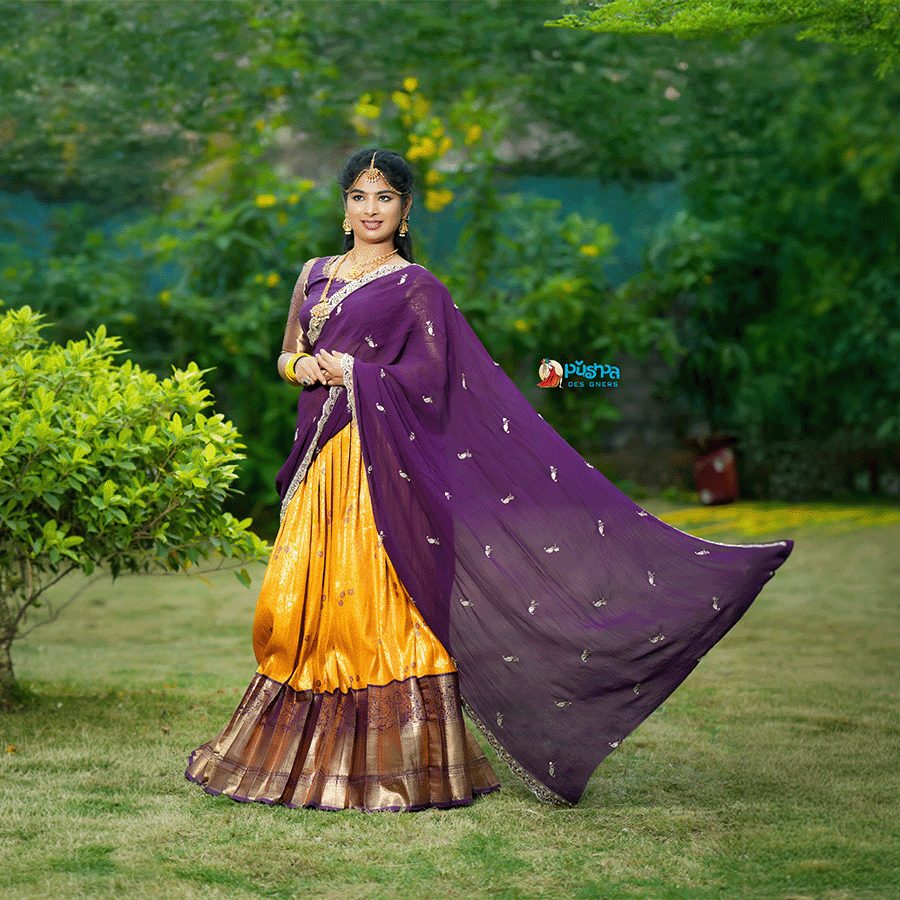 Yellow Wine Combination Traditional Half Saree - Image 3
