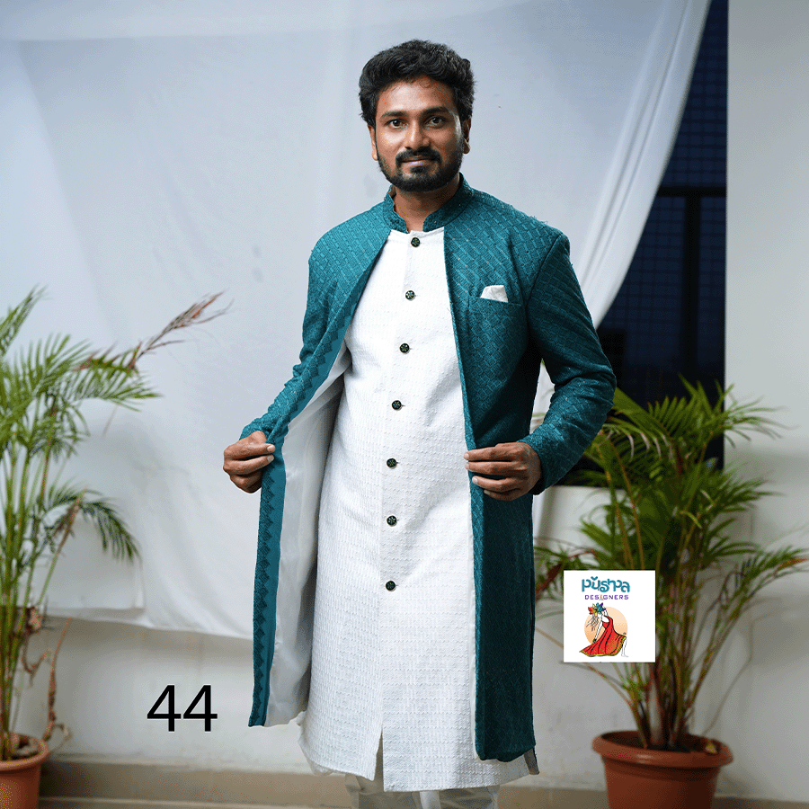 White and Peacock blue Indo Western - Image 2