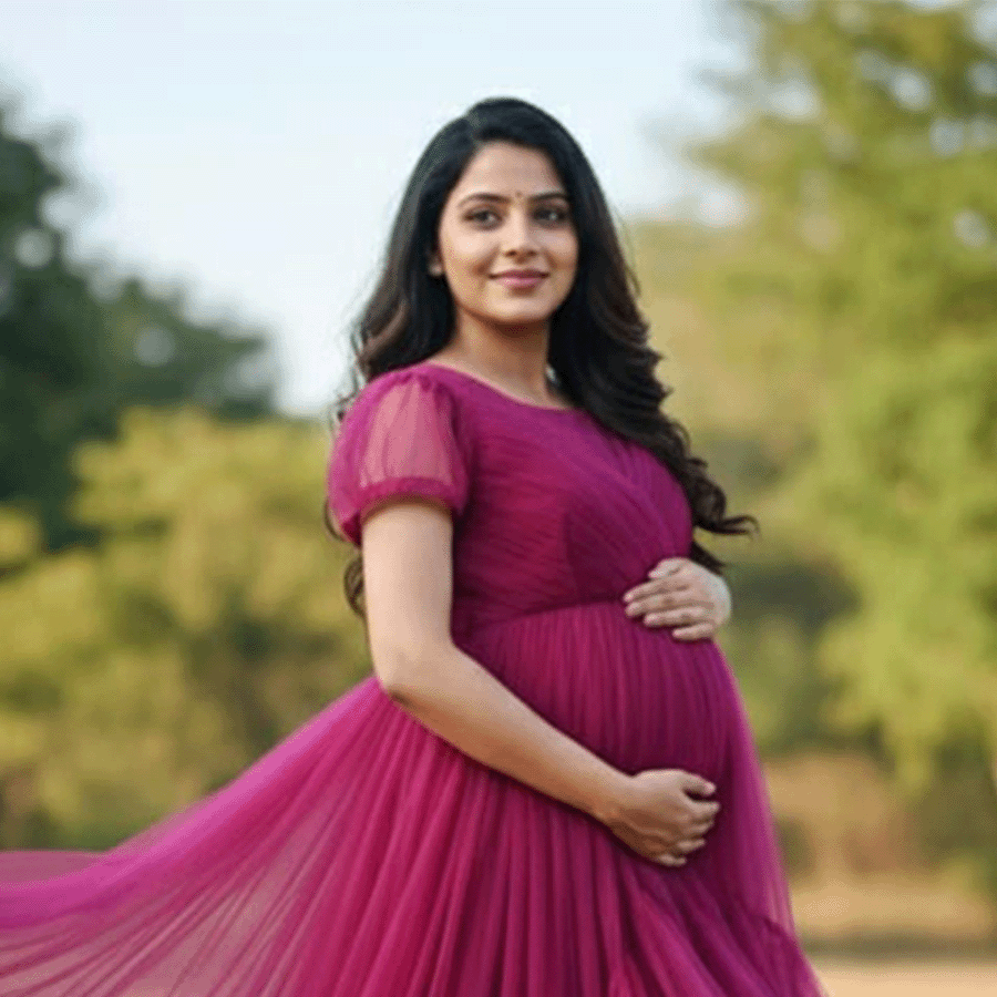 Magenta Frills Maternity Gown on Rent in Hyderabad