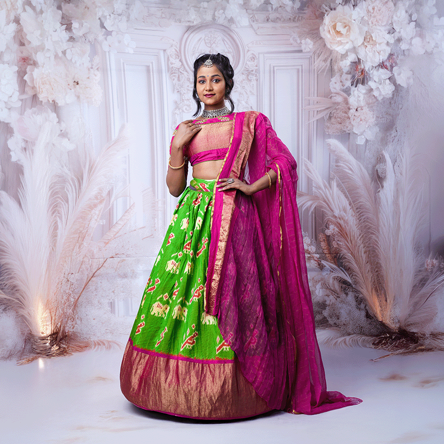 Parrot Green Pink Half Saree