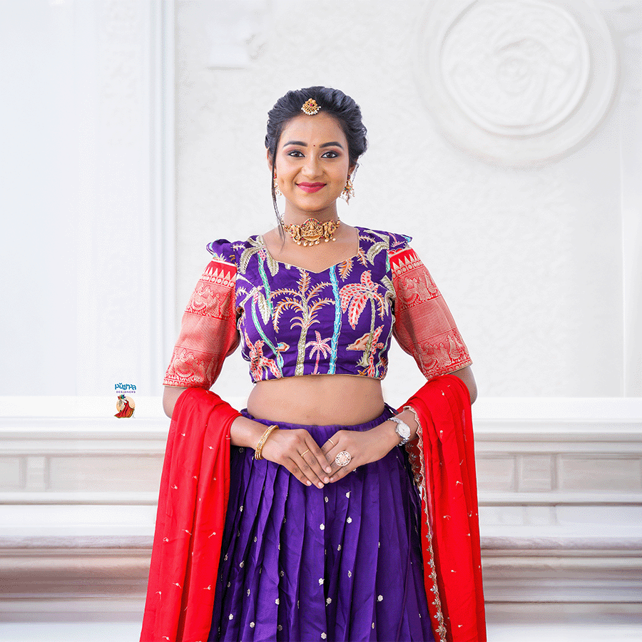 Violet & Red Kalamkari Half Saree view 2