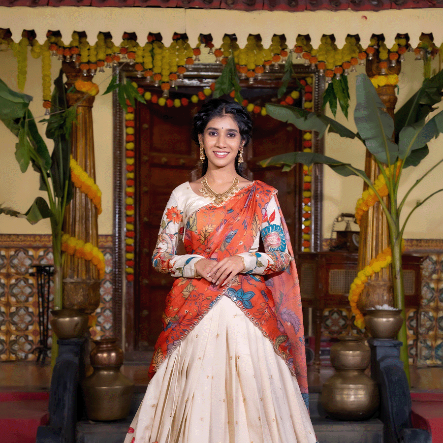 Orange and Cream Kalamkari Half Saree