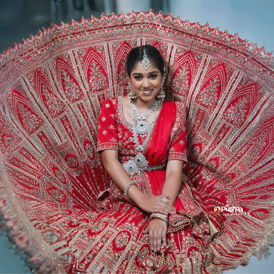 Red Party Ware Heavy Lehenga - Image 3