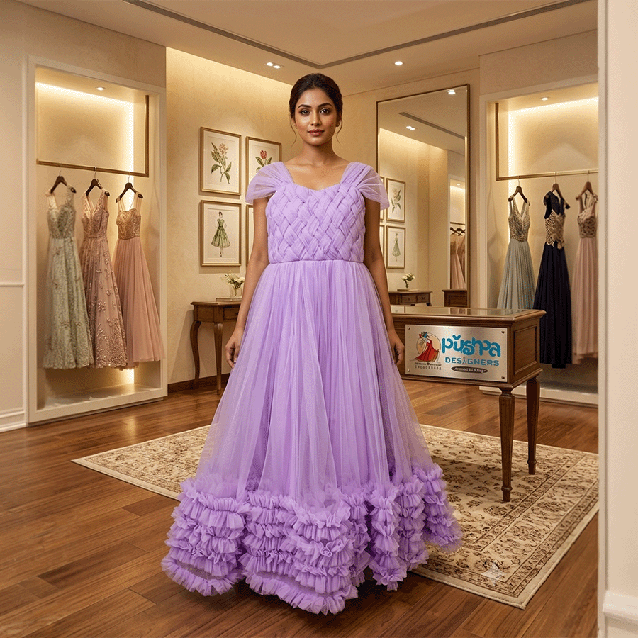 Purple Netted Ball Gown on Rent in Hyderabad