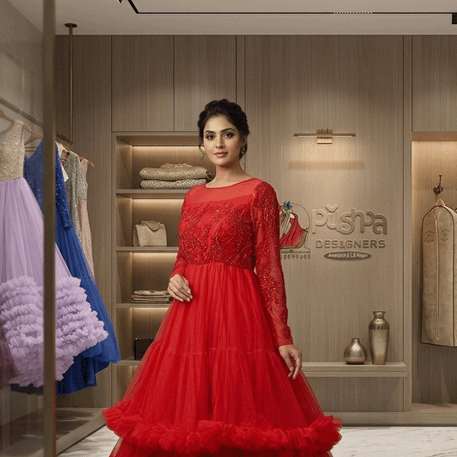 Red Netted Frills Gown view 2