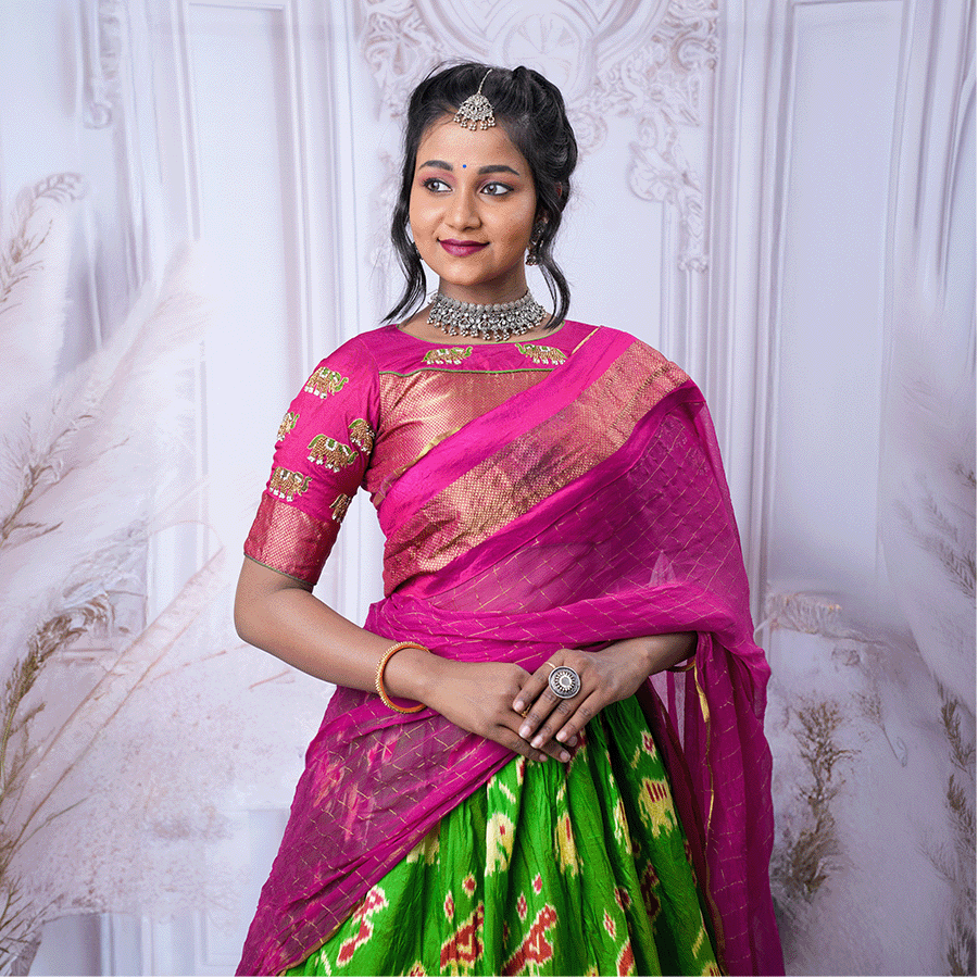 Parrot Green Pink Half Saree - Image 2