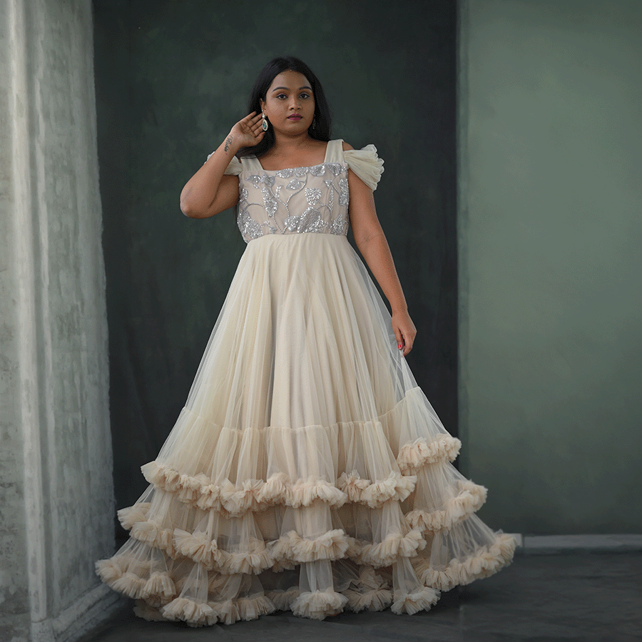 Cream Frills Netted Gown - Image 4