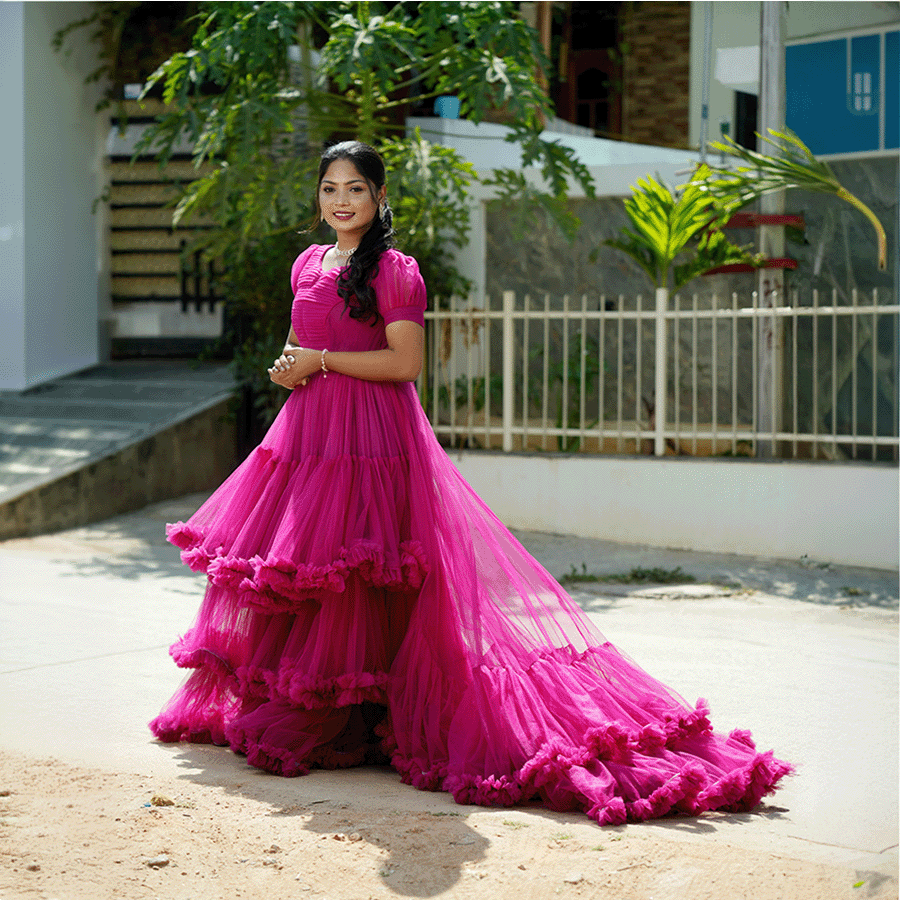 Magenta Pink Netted Frills Tail Gown - Image 2