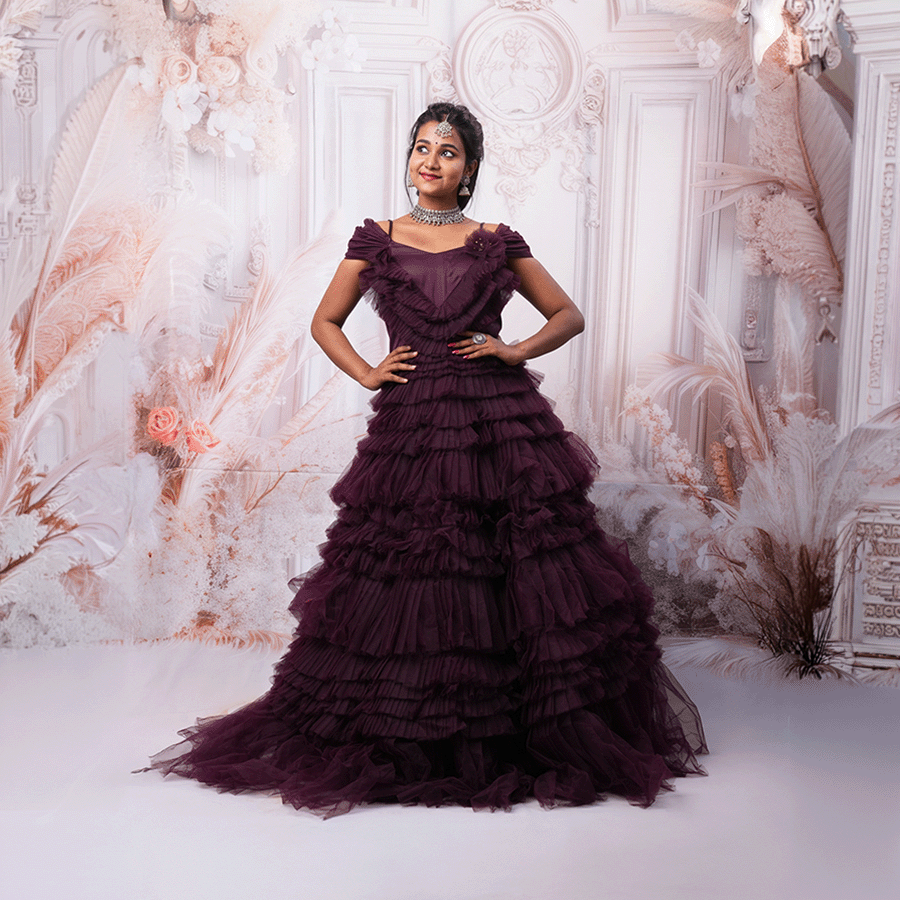 Wine Frills Ball Gown
