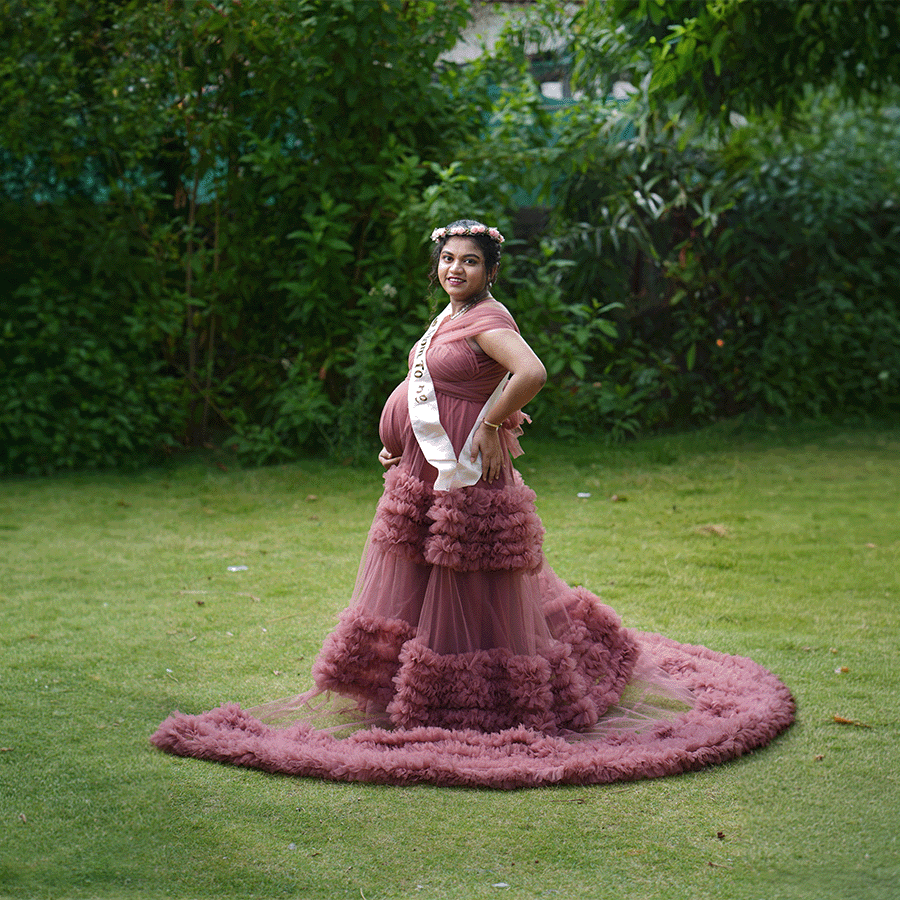 Peach Pink Frills Gown - Image 3
