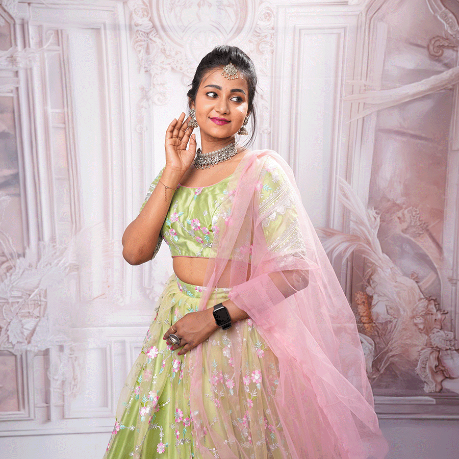 Parrot Green and Pink Netted Lehenga - Image 2