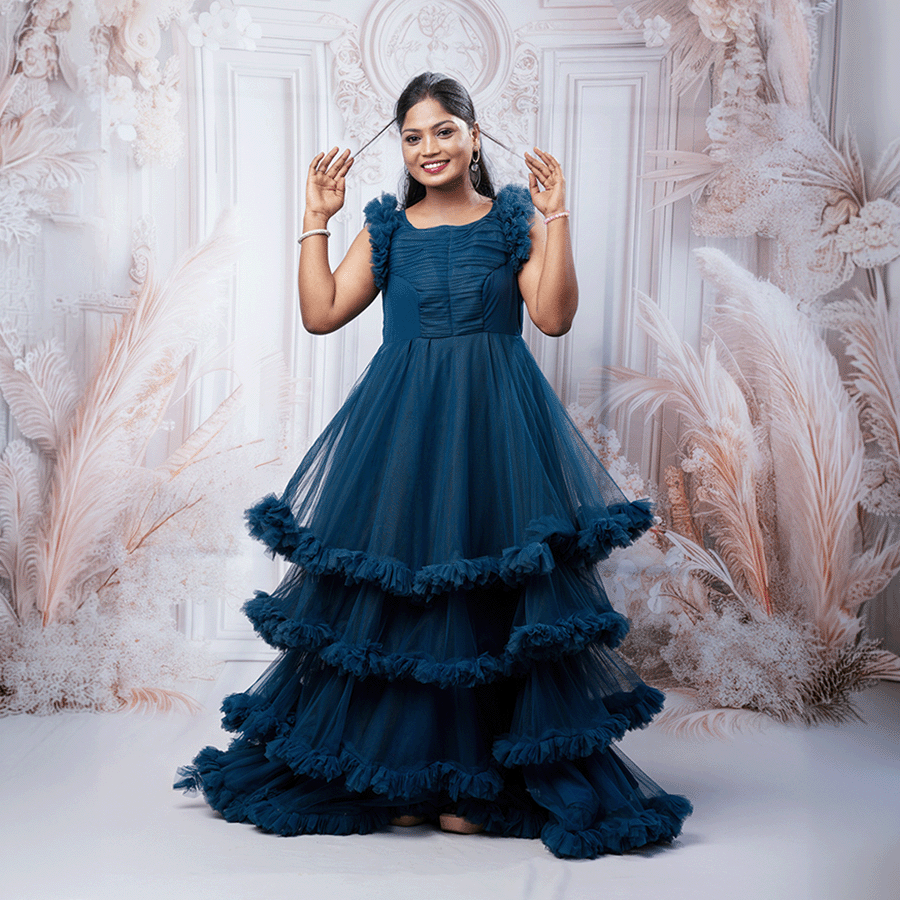 Peacock Blue Frills Ball Gown