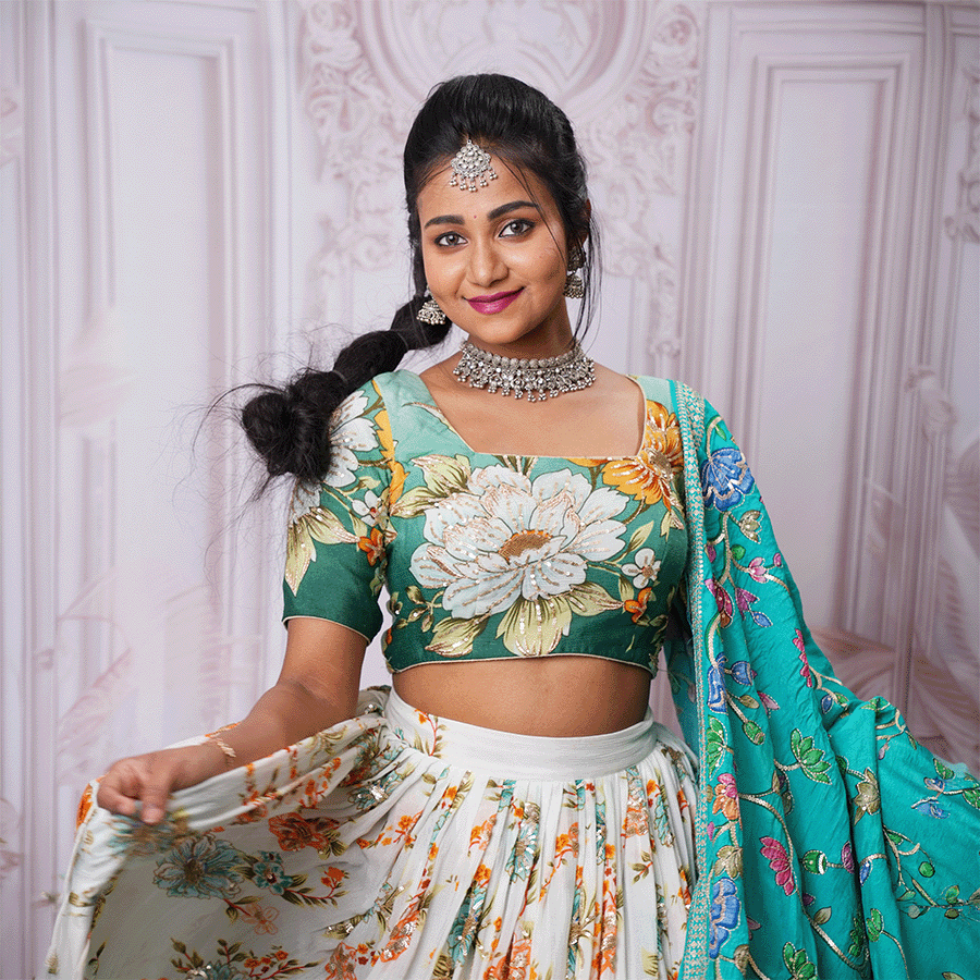 Green Floral Half Saree - Image 2