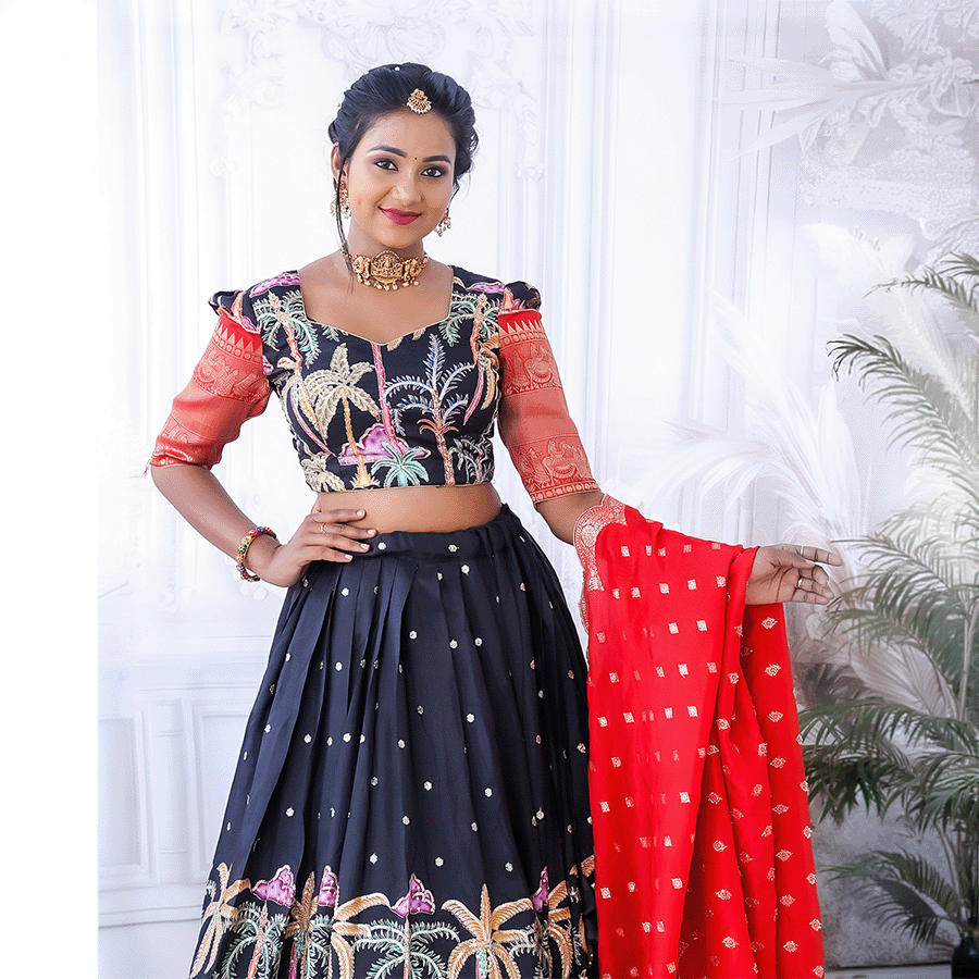 Black and Red Combination Half Saree