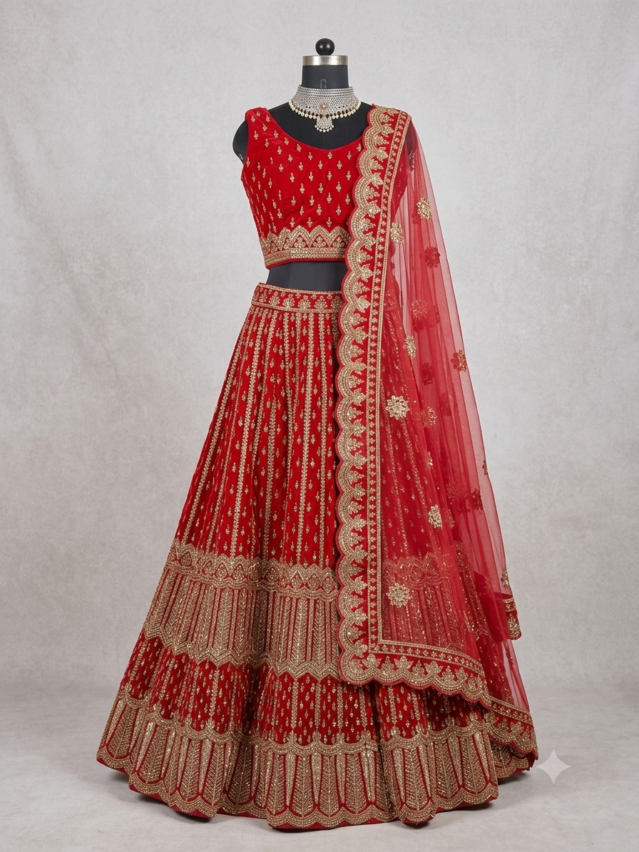 Red Embroidered Bridal Lehenga on Rent in Hyderabad
