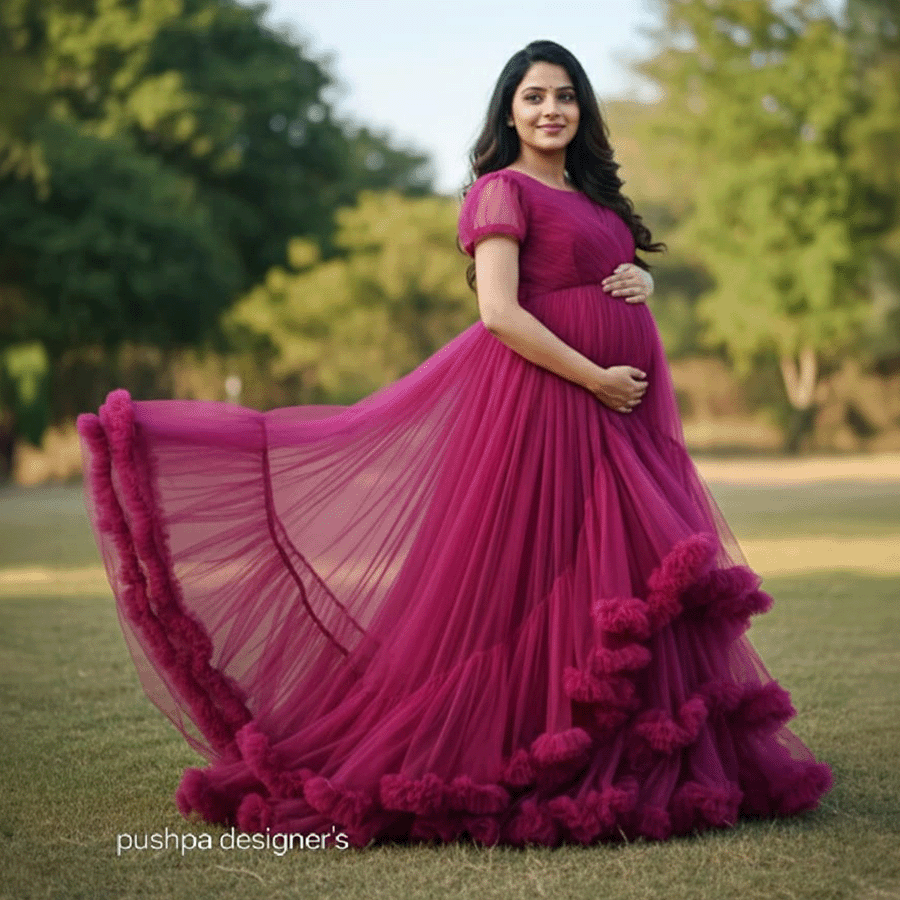 Magenta Frills Maternity Gown view 2