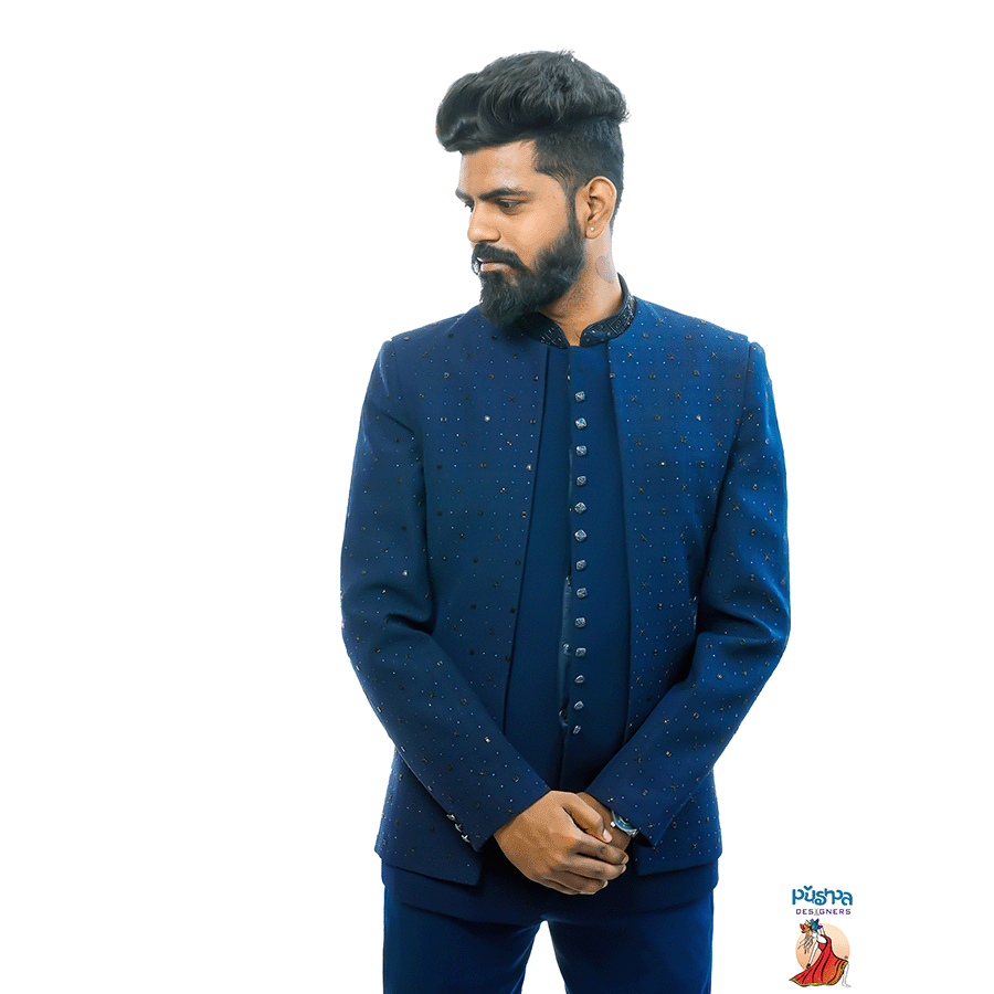 Navy Blue Designer Jodhpuri Suit - Image 2
