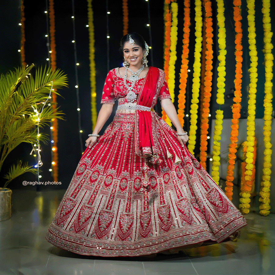Red Party Ware Heavy Lehenga - Image 2