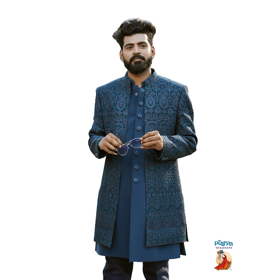 Peacock blue designer Sherwani - Image 3