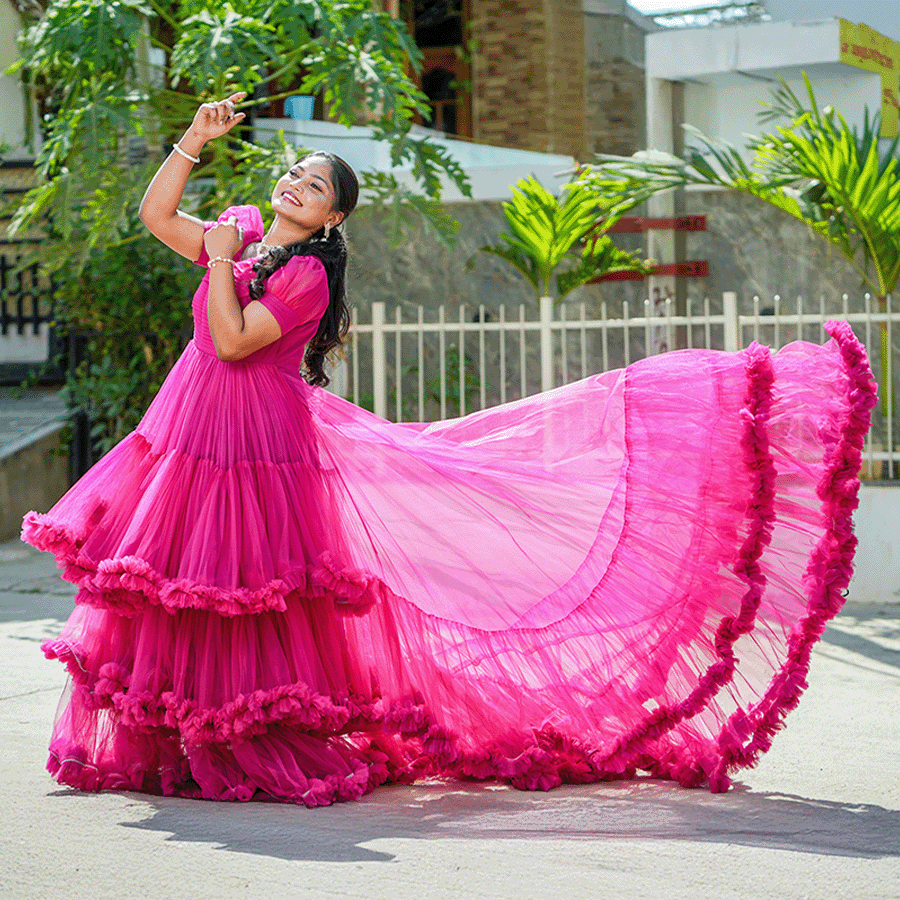 Magenta Pink Netted Frills Tail Gown