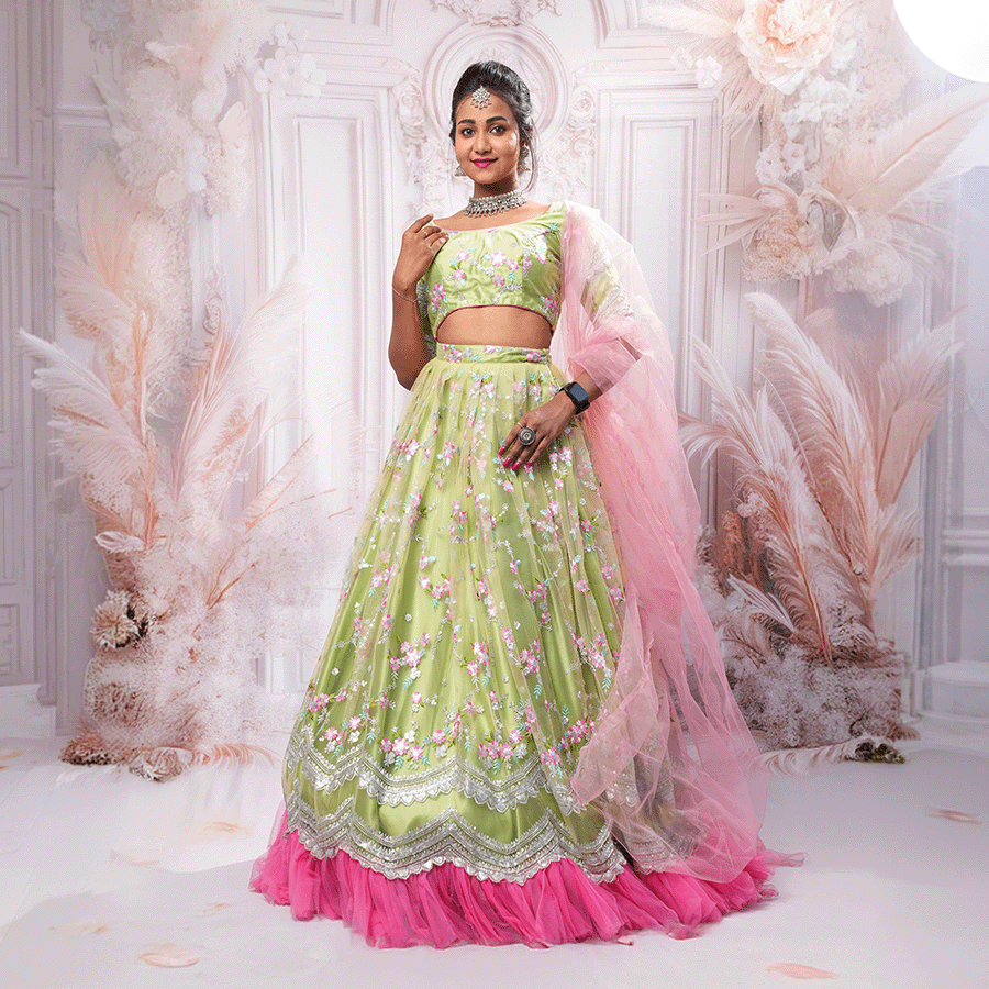 Parrot Green and Pink Netted Lehenga