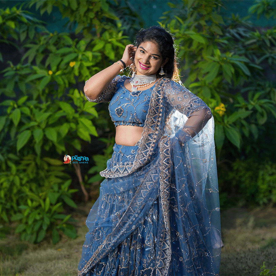 Dark Sky Blue Designer Lehenga - Image 2