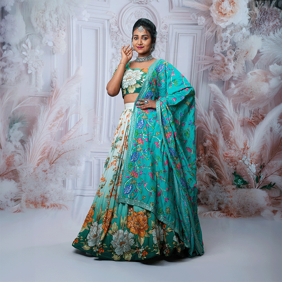 Green Floral Half Saree