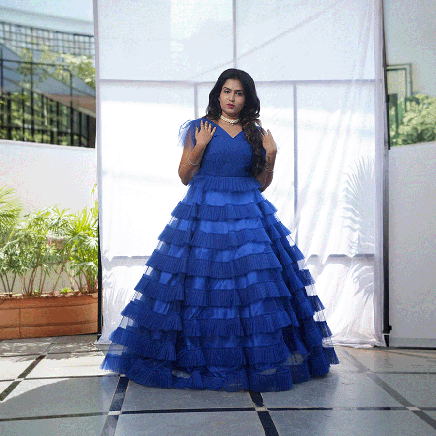 Royal Blue  Netted Frills Gown