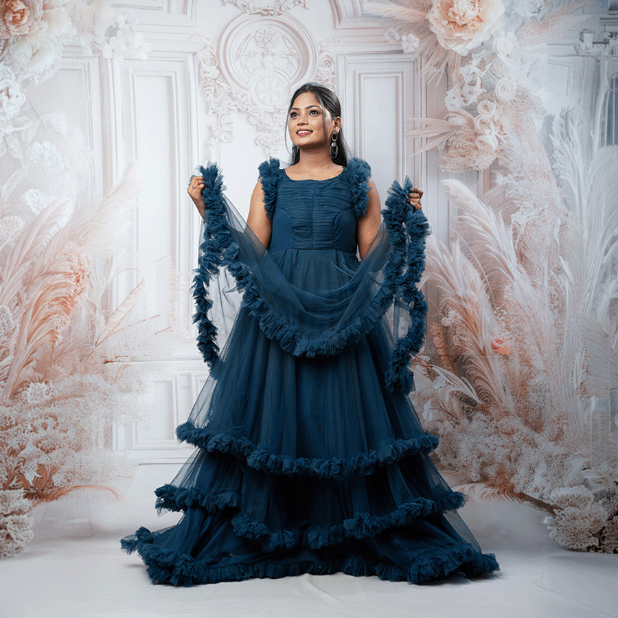 Peacock Blue Frills Ball Gown - Image 3