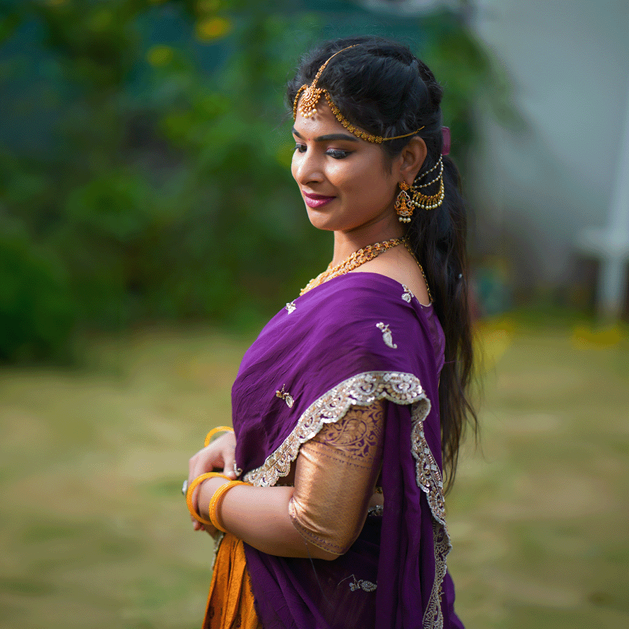 Yellow Wine Combination Traditional Half Saree - Image 4