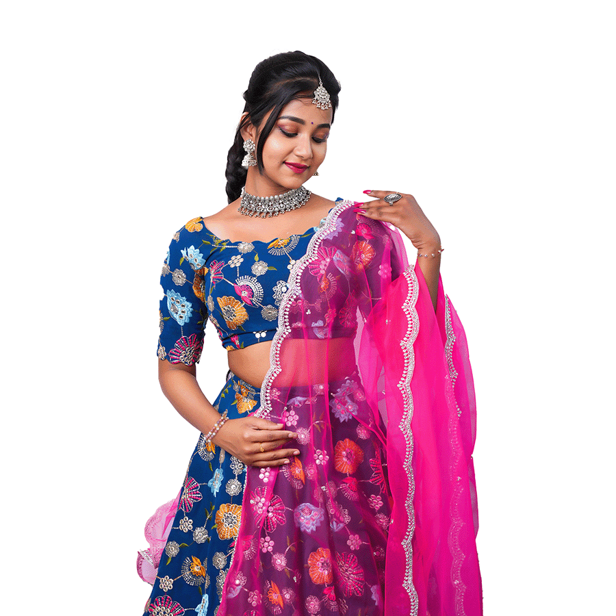Peacock Blue and Pink Combination Floral Lehenga - Image 2