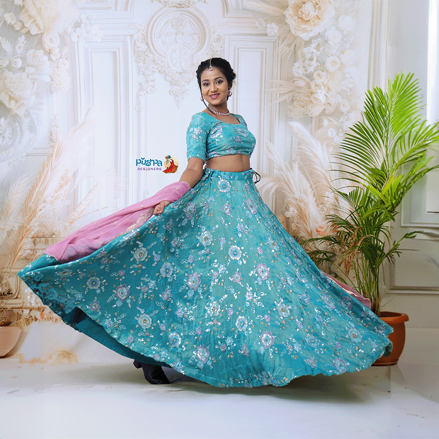 Sky Blue & Pink Lehenga - Image 3