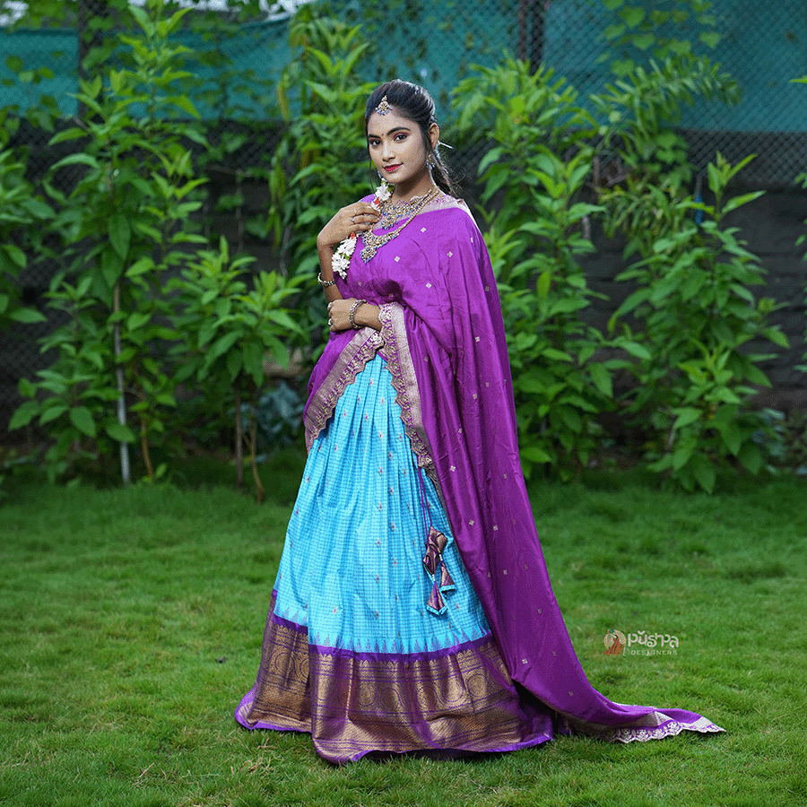 Purple and Sky blue Half Saree - Image 2