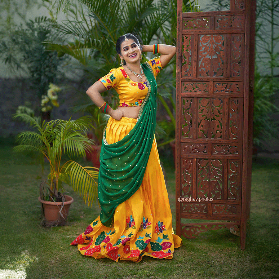 Yellow Printed Design Half Saree