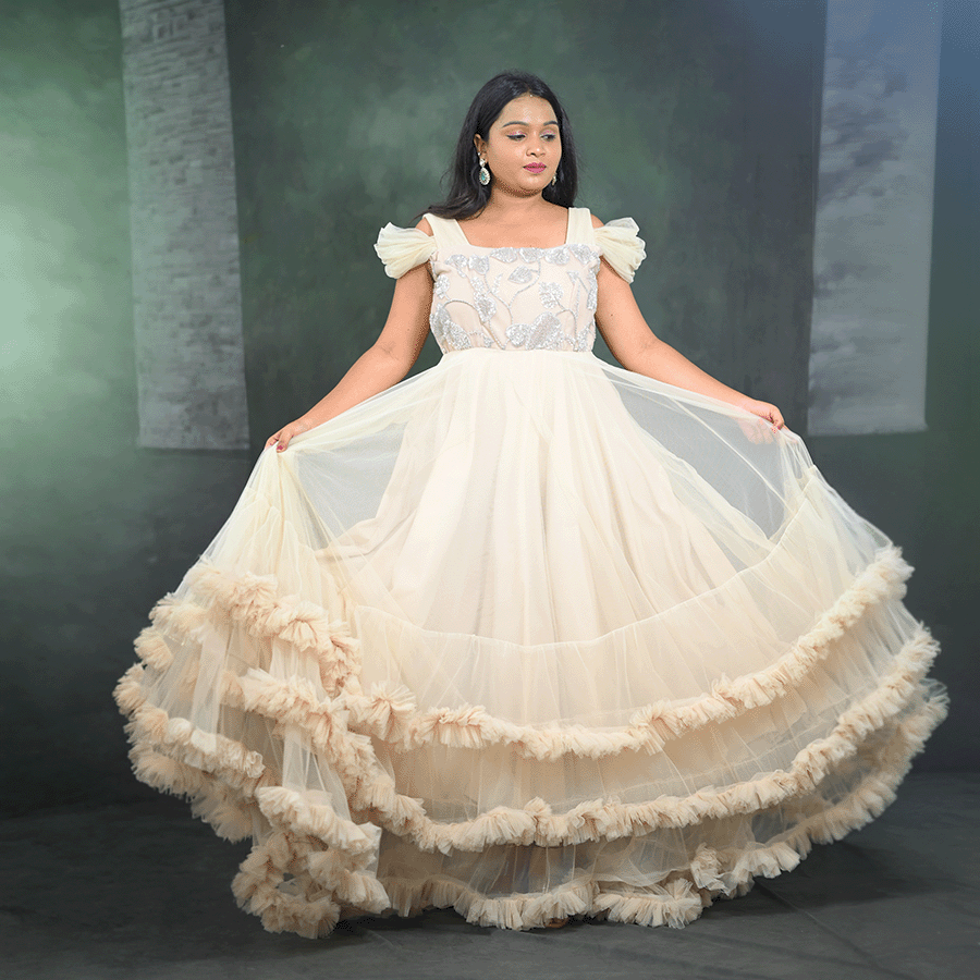 Cream Frills Netted Gown