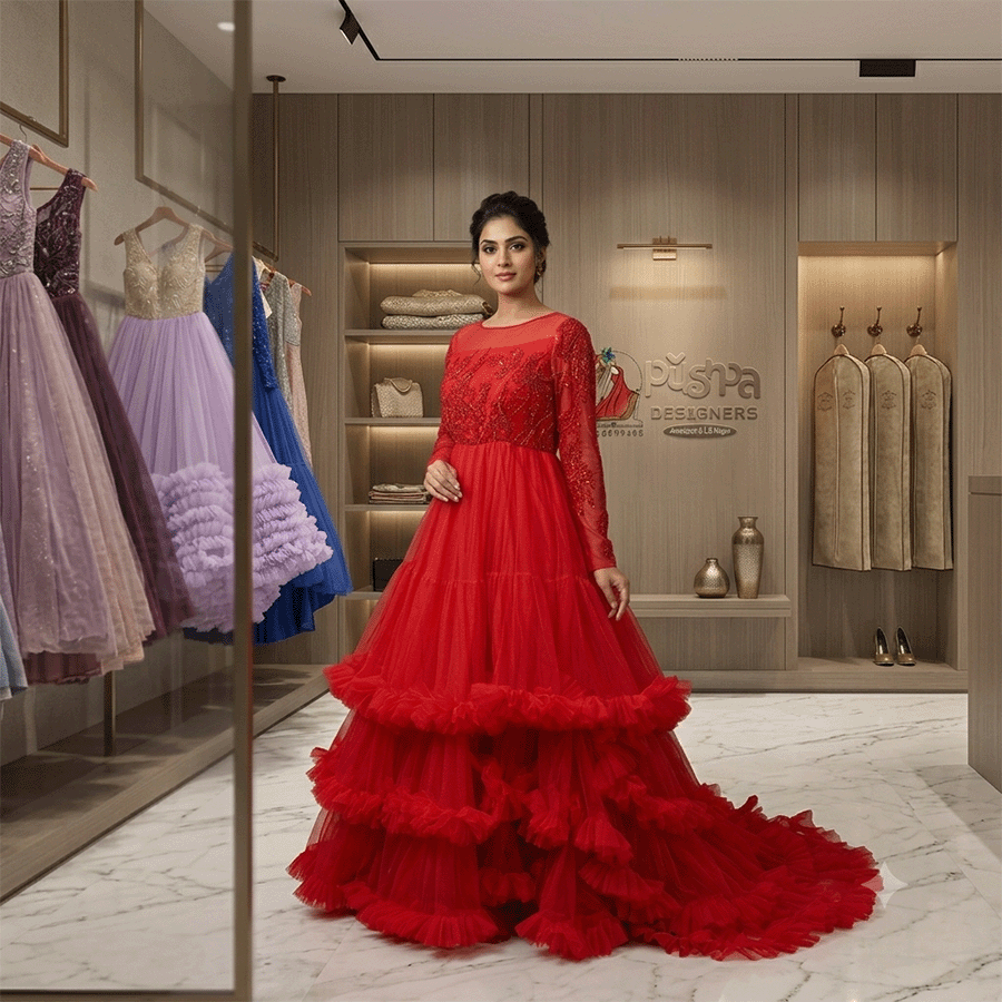 Red Netted Frills Gown on Rent in Hyderabad