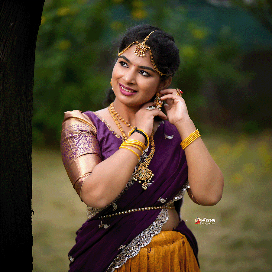 Yellow Wine Combination Traditional Half Saree - Image 2