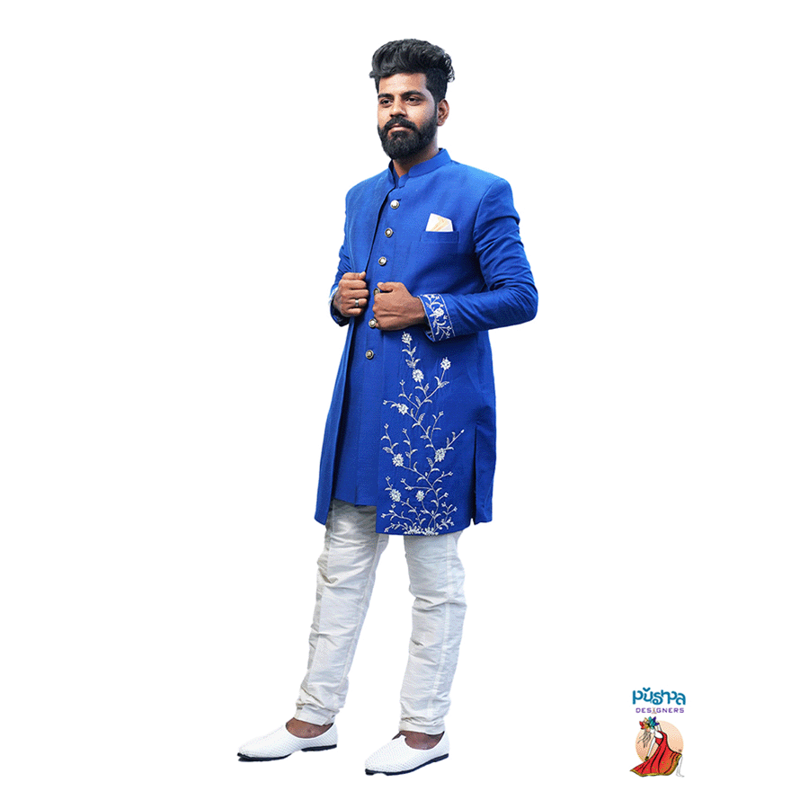 Royal Blue Designer Sherwani - Image 3