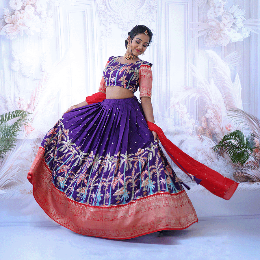 Violet & Red Kalamkari Half Saree on Rent in Hyderabad