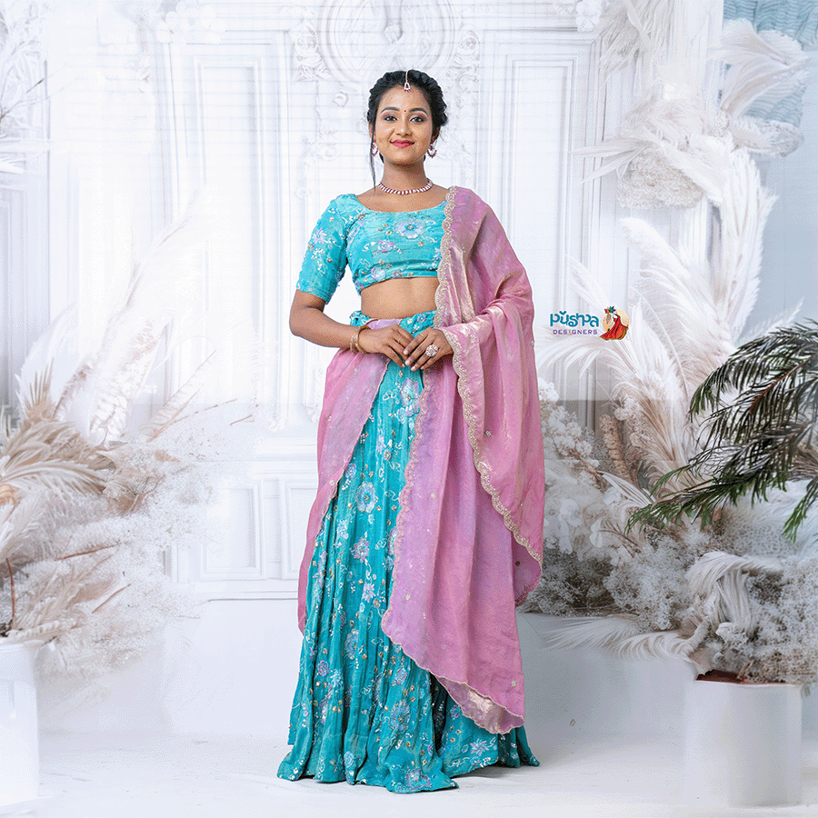 Sky Blue & Pink Lehenga